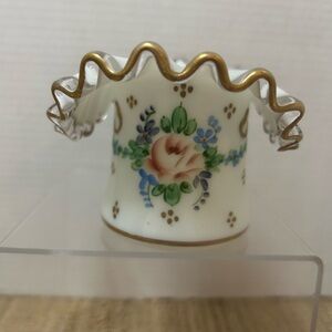 Vintage Fenton Charleton Rose Hand Painted 3” Hat Vase. Gold Edge With Roses
